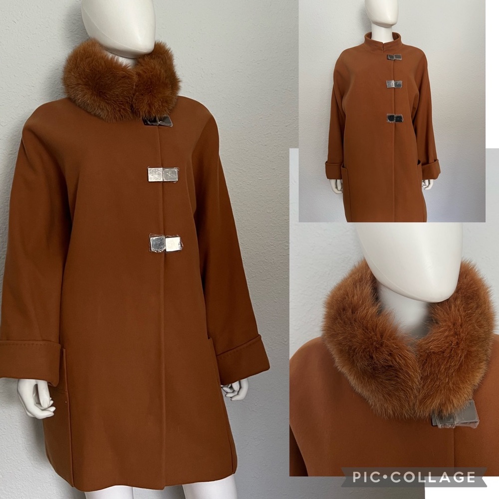 SALE🔥NWT WOMEN WINTER WOOL BLEND COAT OVERSIZED REAL FUR COLLAR RAGLAN‎ SLEEVES